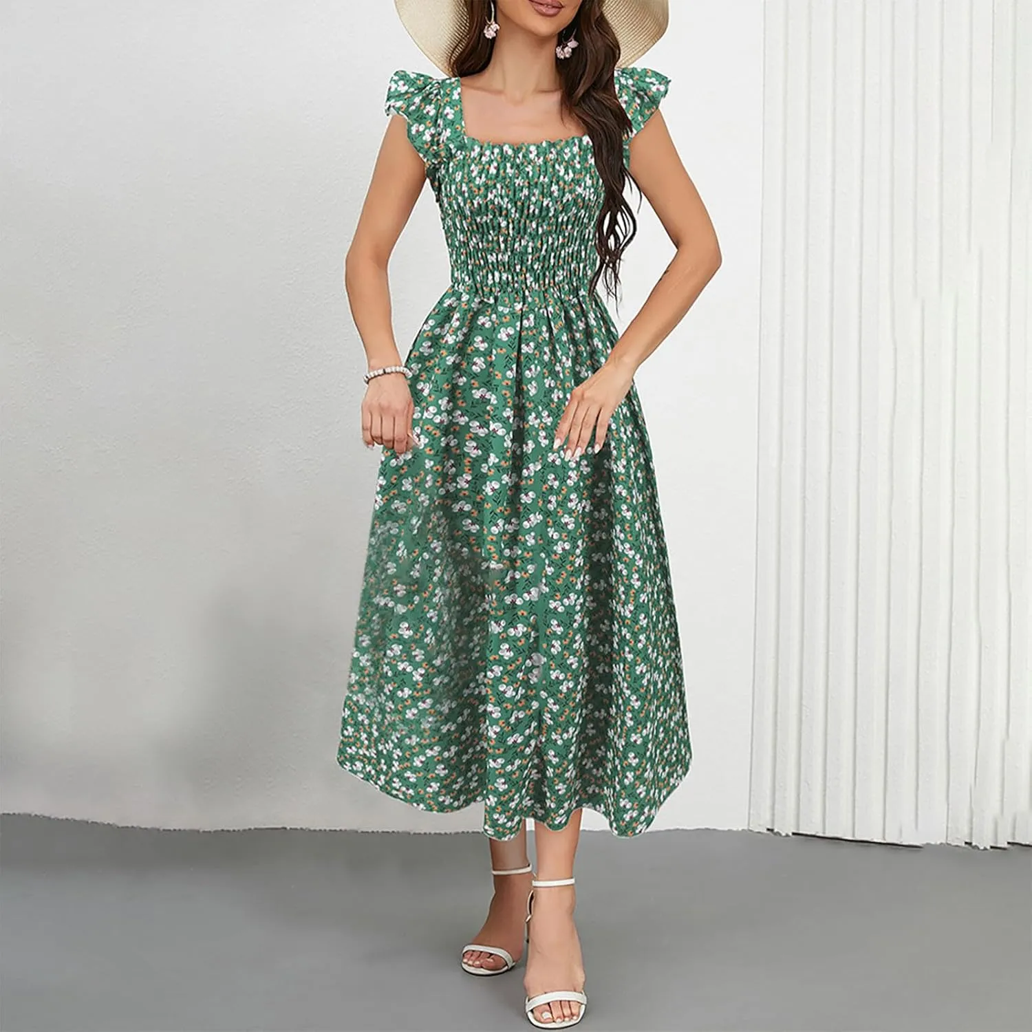 Womens Smocked Dresses Casual Wrap V Neck Ruffle Short Sleeve Floral Flowy Dress Wedding Guest A-Line Maxi Dress