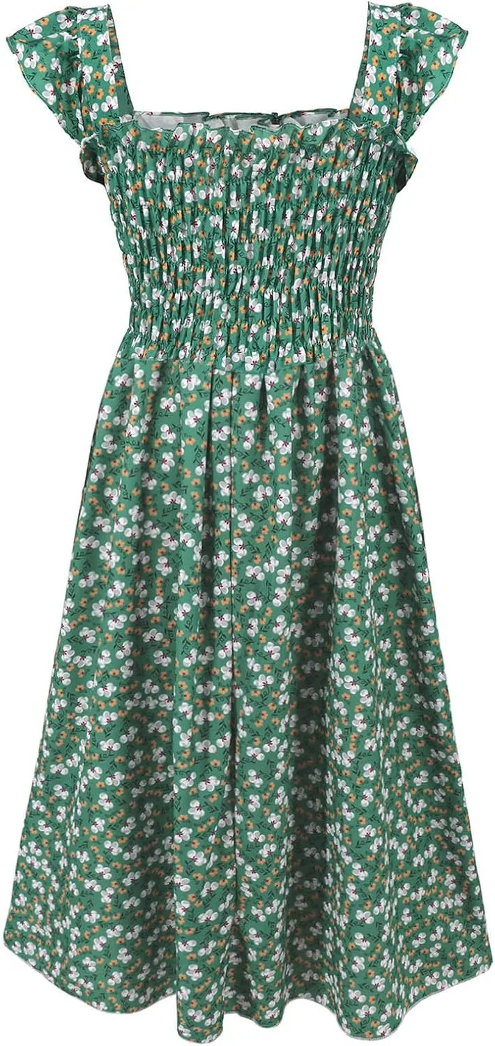 Womens Smocked Dresses Casual Wrap V Neck Ruffle Short Sleeve Floral Flowy Dress Wedding Guest A-Line Maxi Dress