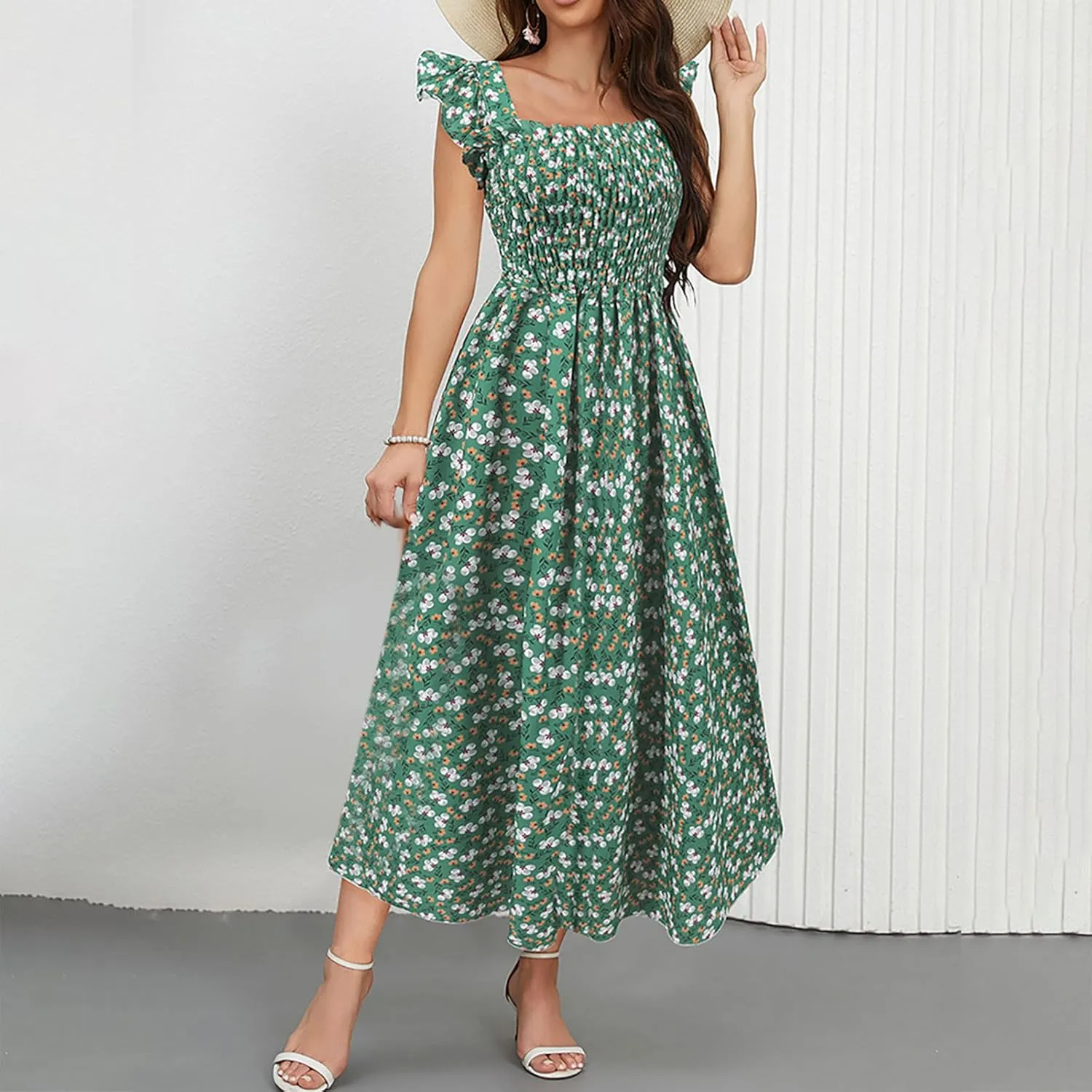 Womens Smocked Dresses Casual Wrap V Neck Ruffle Short Sleeve Floral Flowy Dress Wedding Guest A-Line Maxi Dress