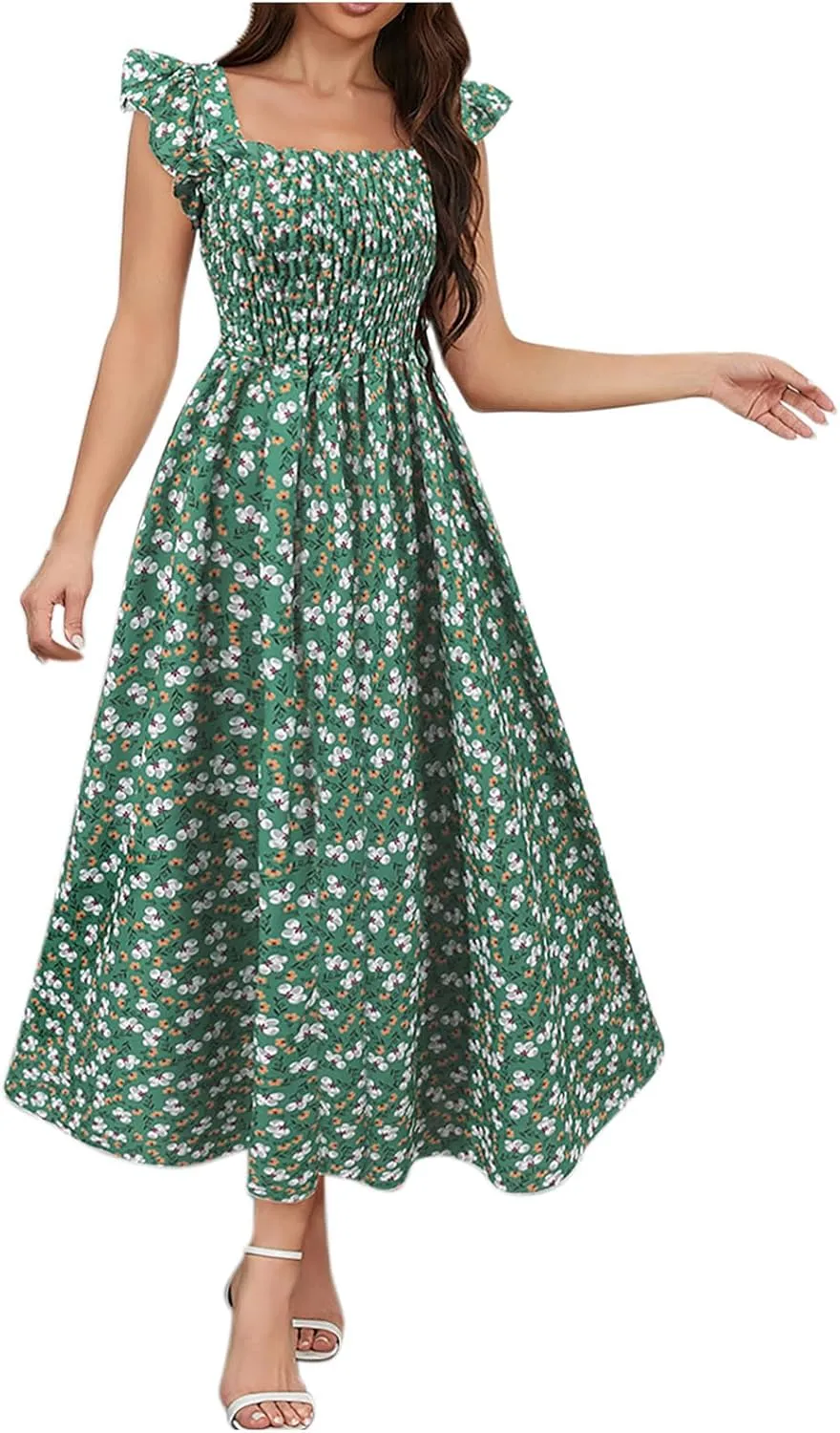 Womens Smocked Dresses Casual Wrap V Neck Ruffle Short Sleeve Floral Flowy Dress Wedding Guest A-Line Maxi Dress