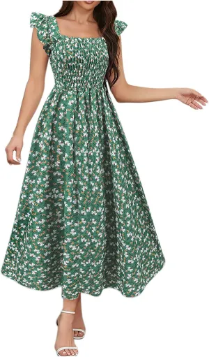 Womens Smocked Dresses Casual Wrap V Neck Ruffle Short Sleeve Floral Flowy Dress Wedding Guest A-Line Maxi Dress