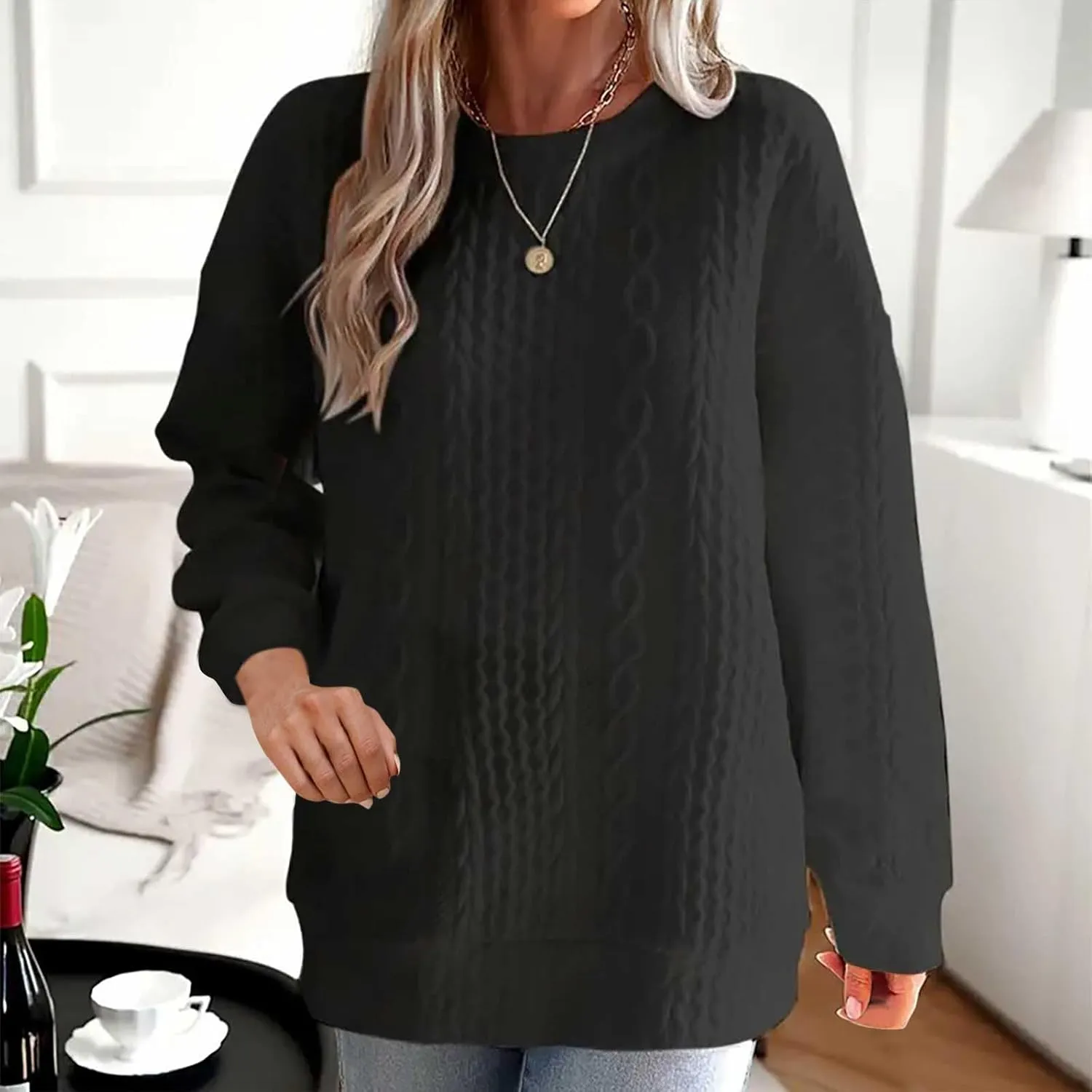 Womens Solid Oversized Sweatshirt Long Sleeve Pullover Tops Sweatshirt Long Sleeved Round Neck Sweaters
