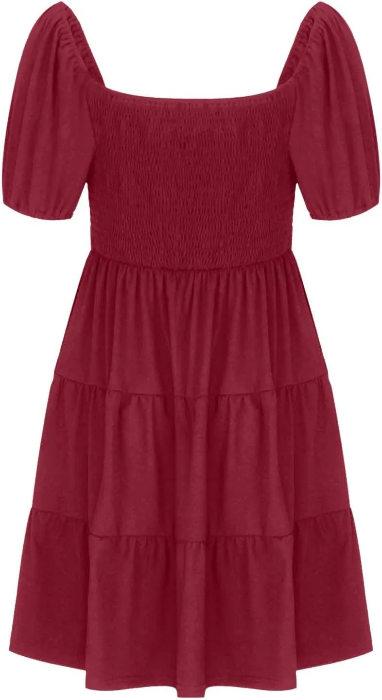 Womens Spring Summer Dresses Boho Floral Square Neck Smocked 3/4 Sleeve Casual A-Line Swing Mini Dress