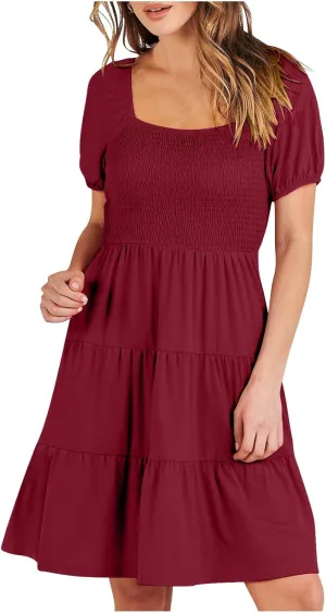Womens Spring Summer Dresses Boho Floral Square Neck Smocked 3/4 Sleeve Casual A-Line Swing Mini Dress