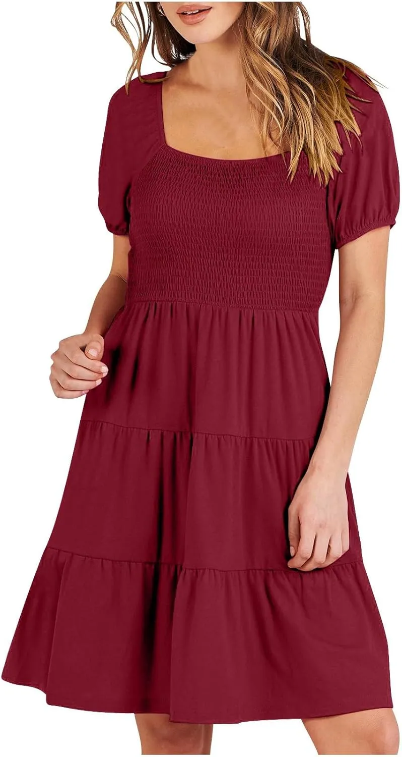 Womens Spring Summer Dresses Boho Floral Square Neck Smocked 3/4 Sleeve Casual A-Line Swing Mini Dress