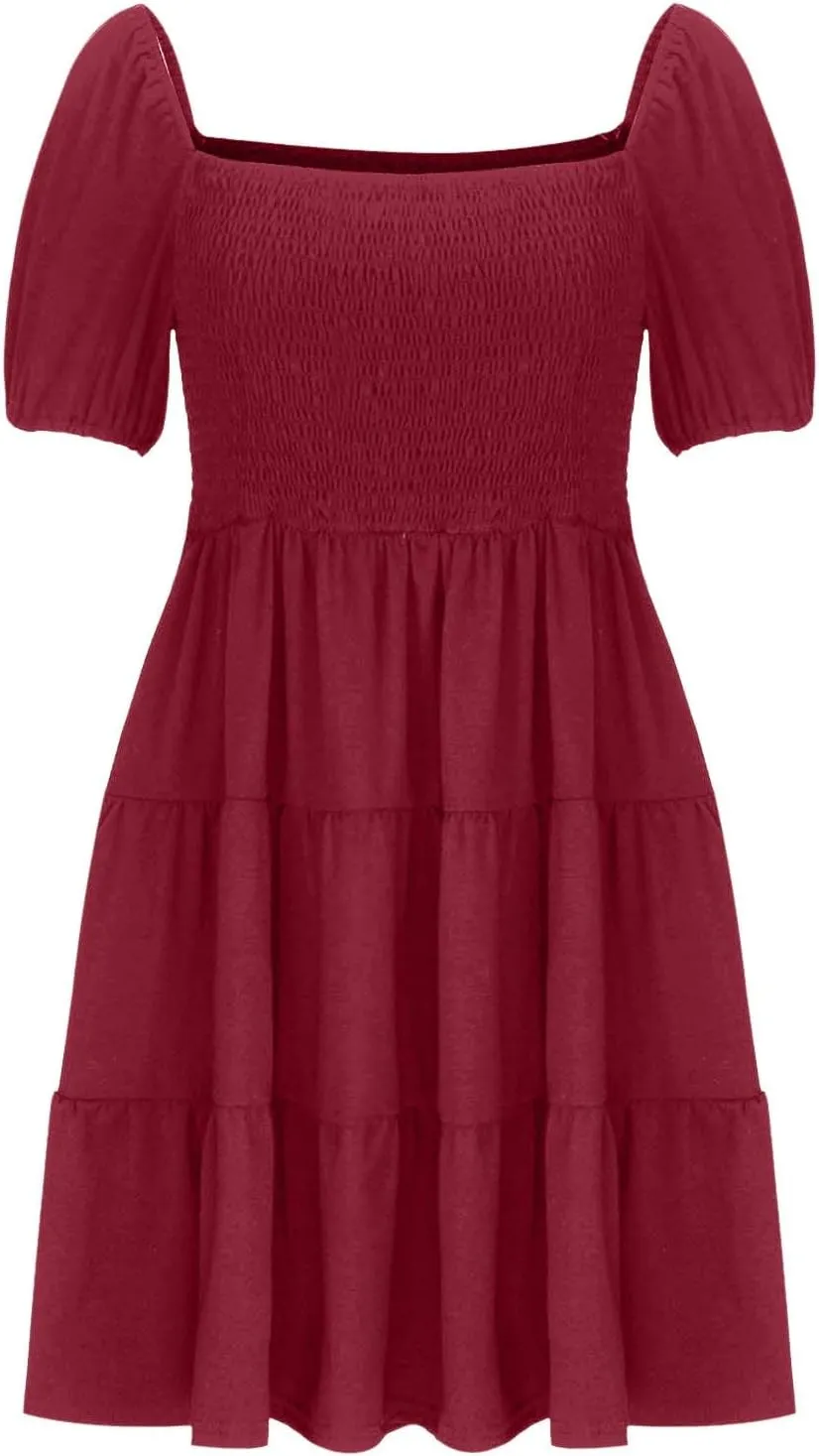 Womens Spring Summer Dresses Boho Floral Square Neck Smocked 3/4 Sleeve Casual A-Line Swing Mini Dress