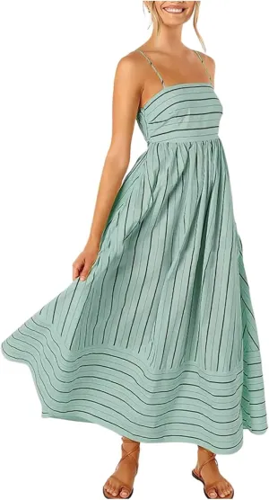 Women's Striped Back Smocked Maxi Dress Sexy Spaghetti Strap Dress Cut Out Flowy Swing Long Dresses