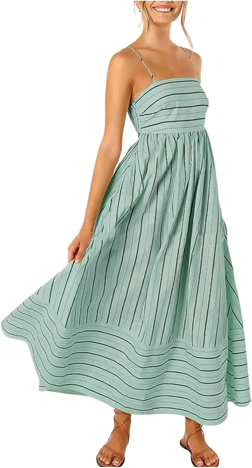 Women's Striped Back Smocked Maxi Dress Sexy Spaghetti Strap Dress Cut Out Flowy Swing Long Dresses