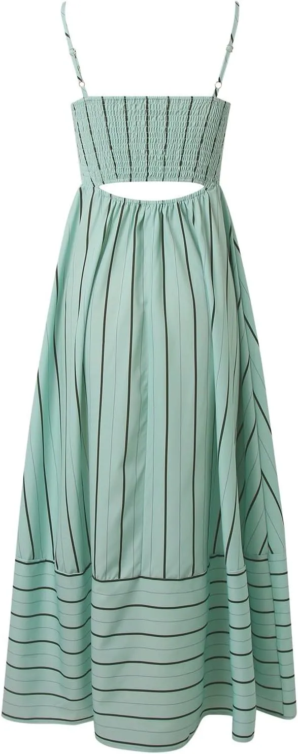 Women's Striped Back Smocked Maxi Dress Sexy Spaghetti Strap Dress Cut Out Flowy Swing Long Dresses