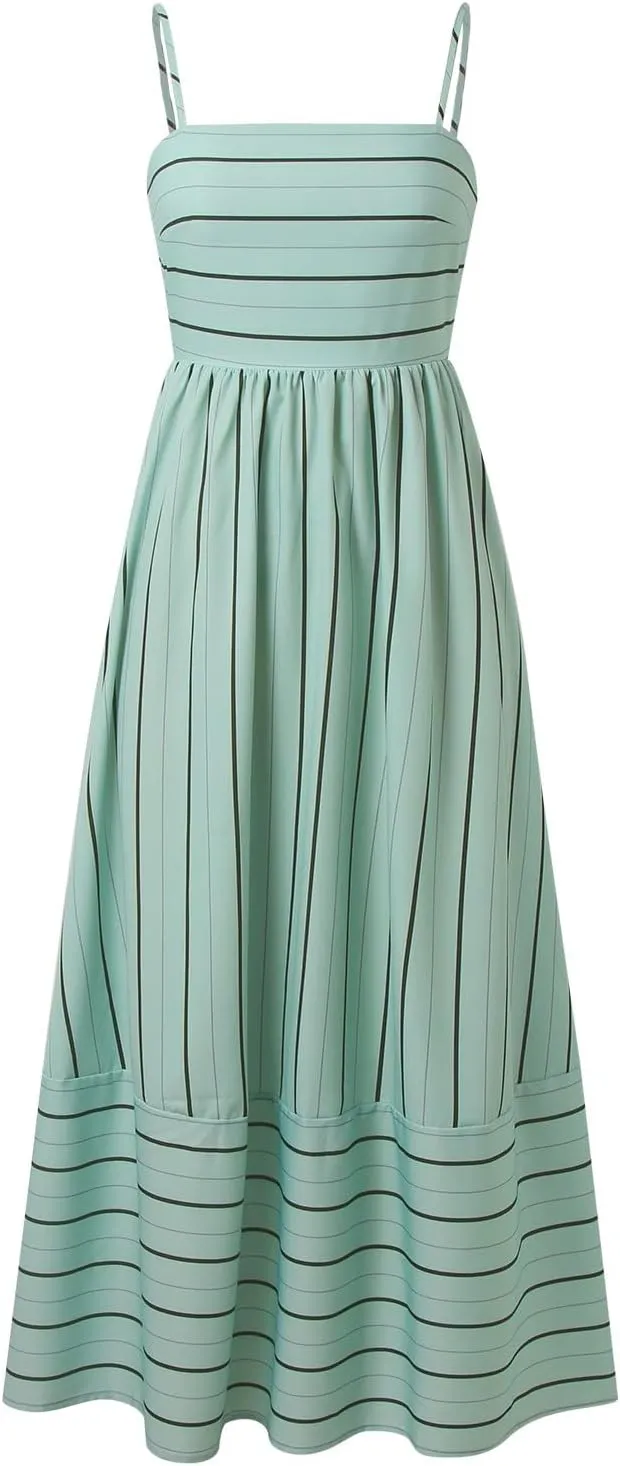 Women's Striped Back Smocked Maxi Dress Sexy Spaghetti Strap Dress Cut Out Flowy Swing Long Dresses