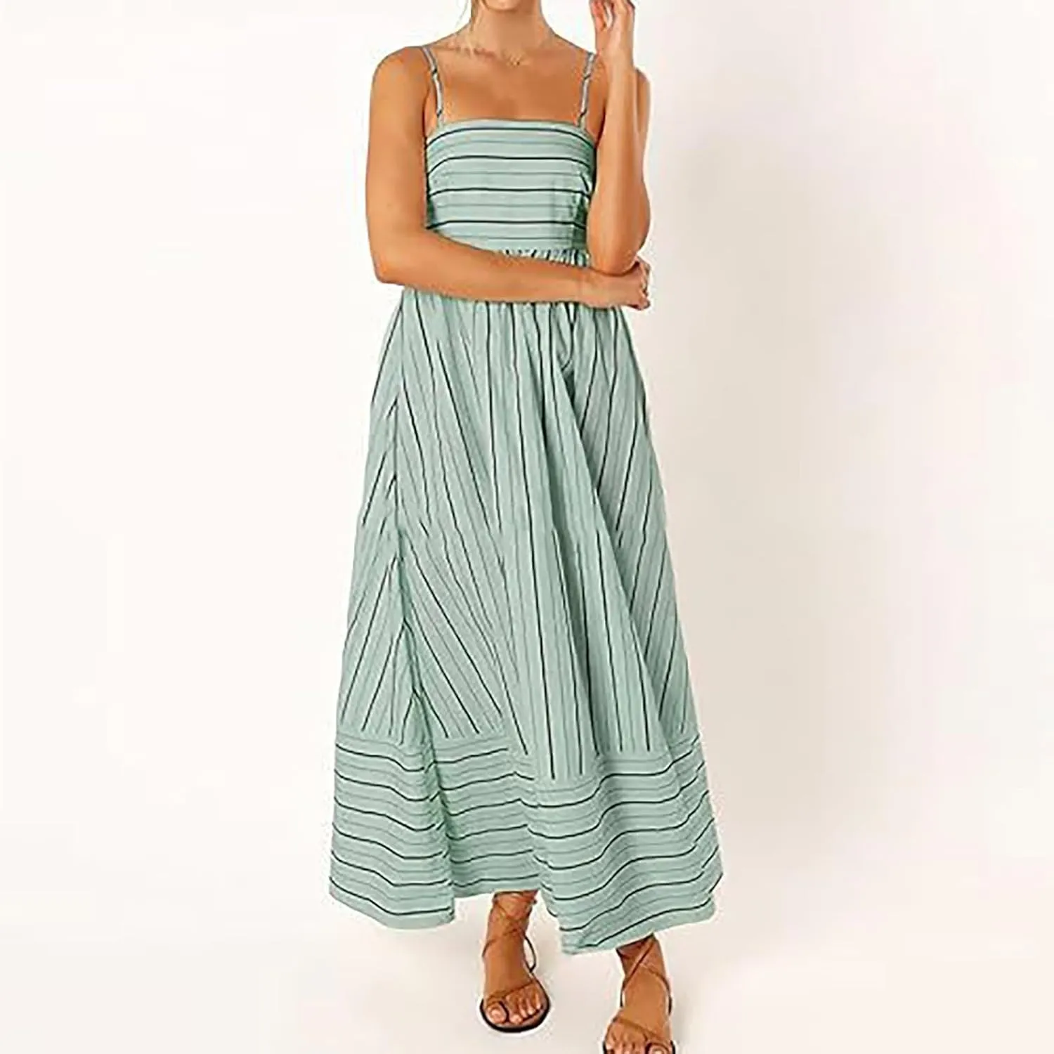 Women's Striped Back Smocked Maxi Dress Sexy Spaghetti Strap Dress Cut Out Flowy Swing Long Dresses