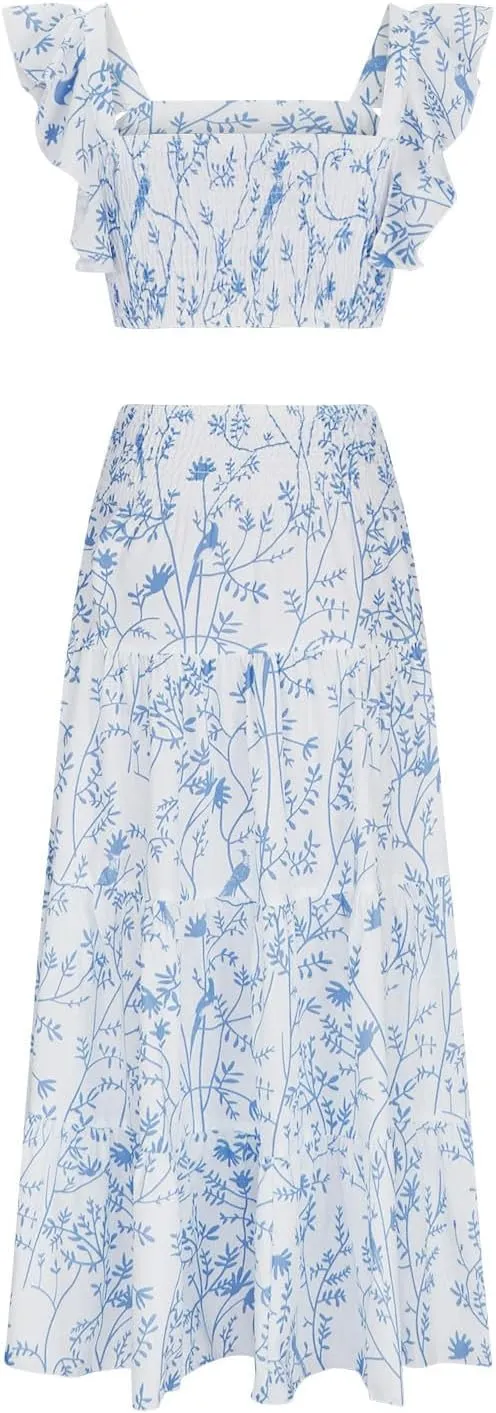 Women's Summer Casual 2 Piece Skirt Set Floral Flowy Sleeveless Cropped Tank Tops and Tiered Ruffle Maxi Skirt Set