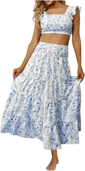 Women's Summer Casual 2 Piece Skirt Set Floral Flowy Sleeveless Cropped Tank Tops and Tiered Ruffle Maxi Skirt Set