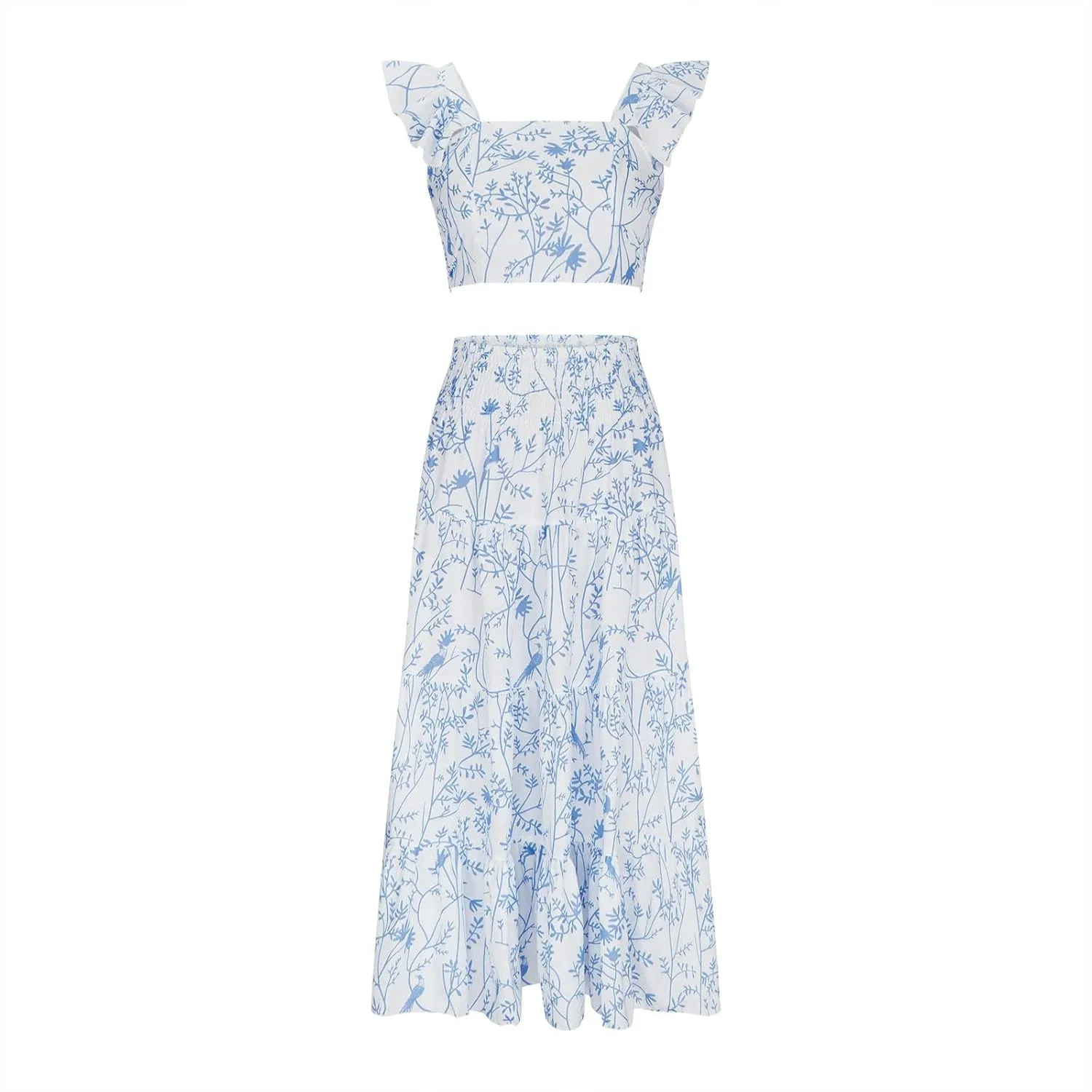 Women's Summer Casual 2 Piece Skirt Set Floral Flowy Sleeveless Cropped Tank Tops and Tiered Ruffle Maxi Skirt Set