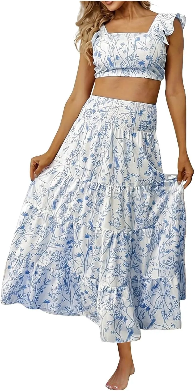 Women's Summer Casual 2 Piece Skirt Set Floral Flowy Sleeveless Cropped Tank Tops and Tiered Ruffle Maxi Skirt Set