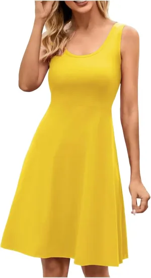 Women's Summer Casual Dresses Sleeveless Round Neck Short Tank Dress Knee Length A Line Beach Swing Skater Sundress