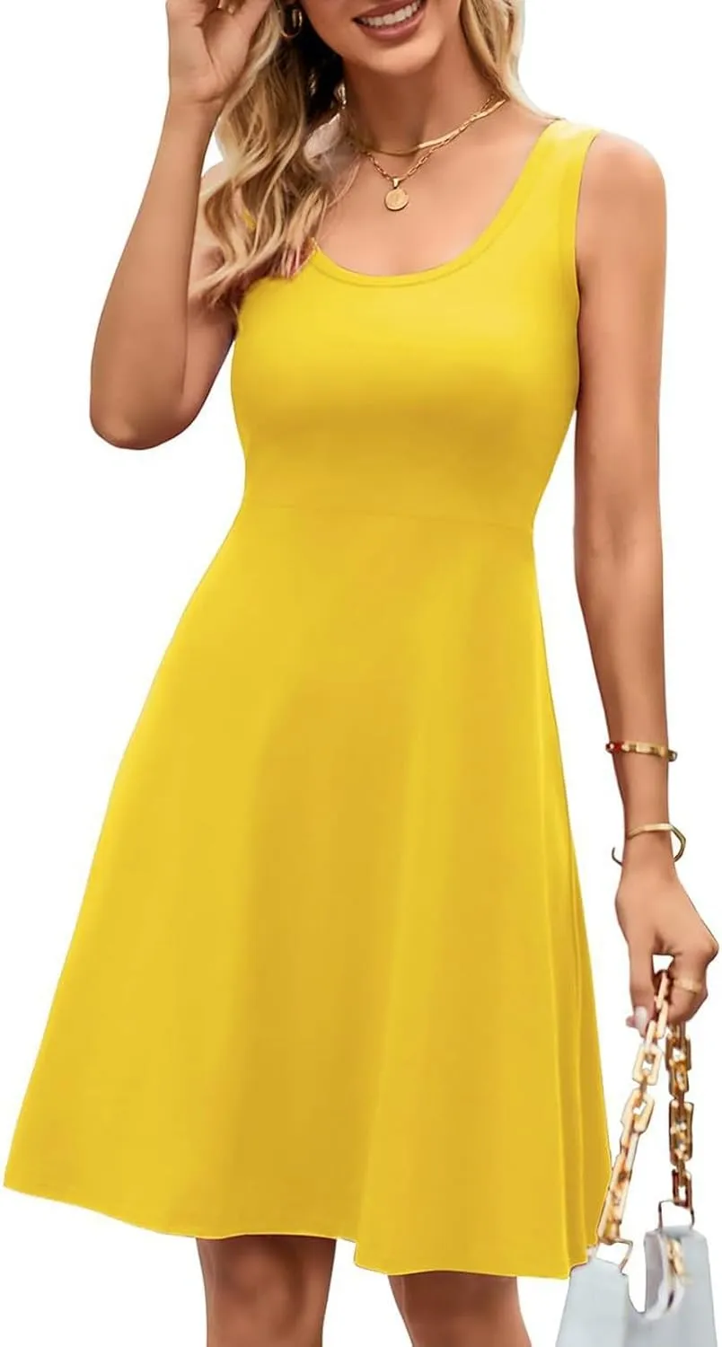 Women's Summer Casual Dresses Sleeveless Round Neck Short Tank Dress Knee Length A Line Beach Swing Skater Sundress
