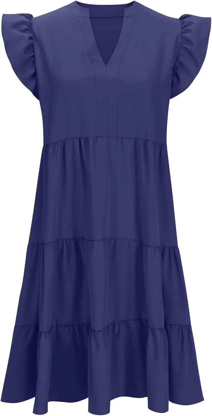 Women's Summer Casual Dresses with Pockets Ruffle Sleeve V Neck Flowy A Line Tiered Beach Vacation Midi Sundress