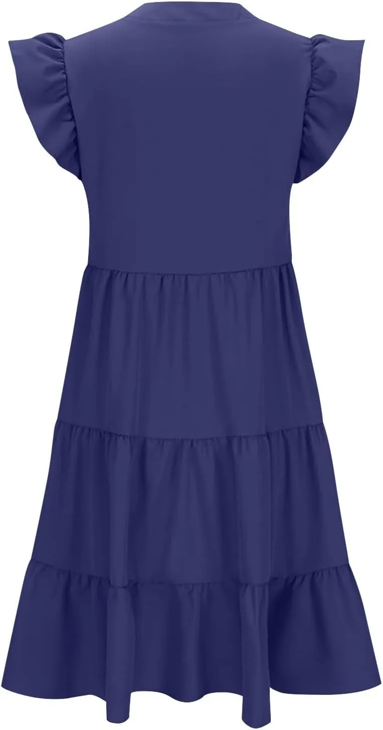 Women's Summer Casual Dresses with Pockets Ruffle Sleeve V Neck Flowy A Line Tiered Beach Vacation Midi Sundress