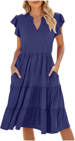 Women's Summer Casual Dresses with Pockets Ruffle Sleeve V Neck Flowy A Line Tiered Beach Vacation Midi Sundress