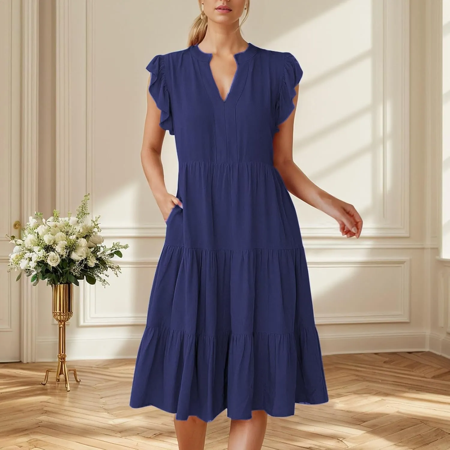 Womens Summer Dress Ruffle Sleeve V Neck Midi Dresses Casual Fit Flowy Tiered Boho Beach Vacation Sundress