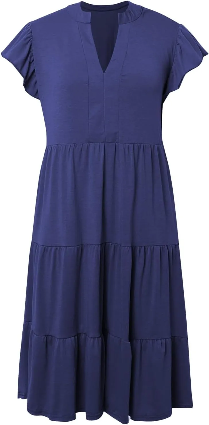 Womens Summer Dress Ruffle Sleeve V Neck Midi Dresses Casual Fit Flowy Tiered Boho Beach Vacation Sundress