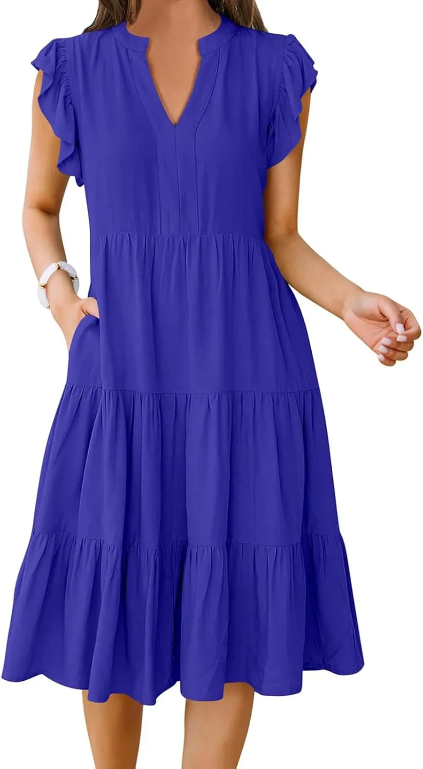 Womens Summer Dress Ruffle Sleeve V Neck Midi Dresses Fashion Flowy Tiered Boho Beach Vacation Sundress for Women