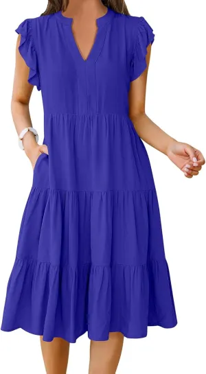 Womens Summer Dress Ruffle Sleeve V Neck Midi Dresses Fashion Flowy Tiered Boho Beach Vacation Sundress for Women