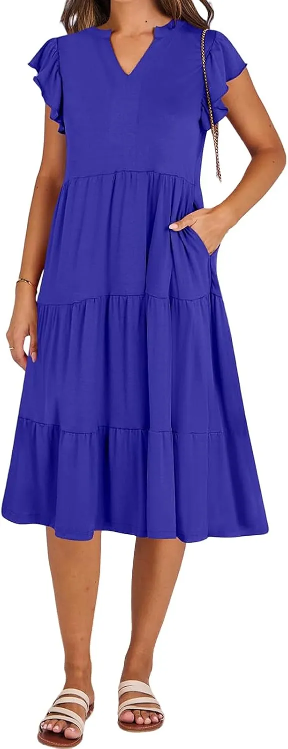 Womens Summer Dress Ruffle Sleeve V Neck Midi Dresses Fashion Flowy Tiered Boho Beach Vacation Sundress for Women