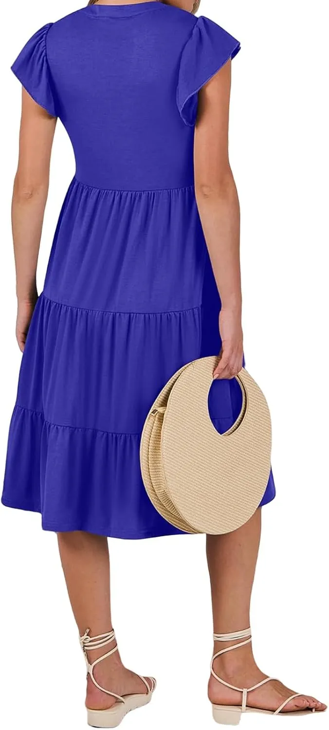 Womens Summer Dress Ruffle Sleeve V Neck Midi Dresses Fashion Flowy Tiered Boho Beach Vacation Sundress for Women