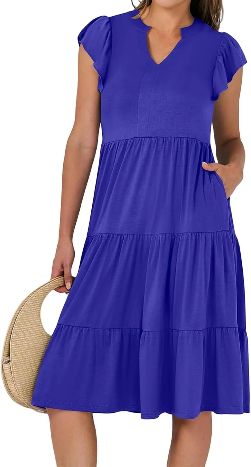 Womens Summer Dress Ruffle Sleeve V Neck Midi Dresses Fashion Flowy Tiered Boho Beach Vacation Sundress for Women