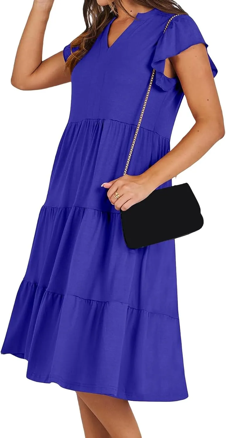 Womens Summer Dress Ruffle Sleeve V Neck Midi Dresses Fashion Flowy Tiered Boho Beach Vacation Sundress for Women