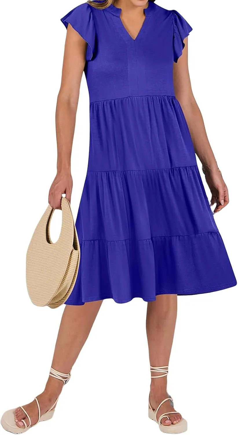 Womens Summer Dress Ruffle Sleeve V Neck Midi Dresses Fashion Flowy Tiered Boho Beach Vacation Sundress for Women