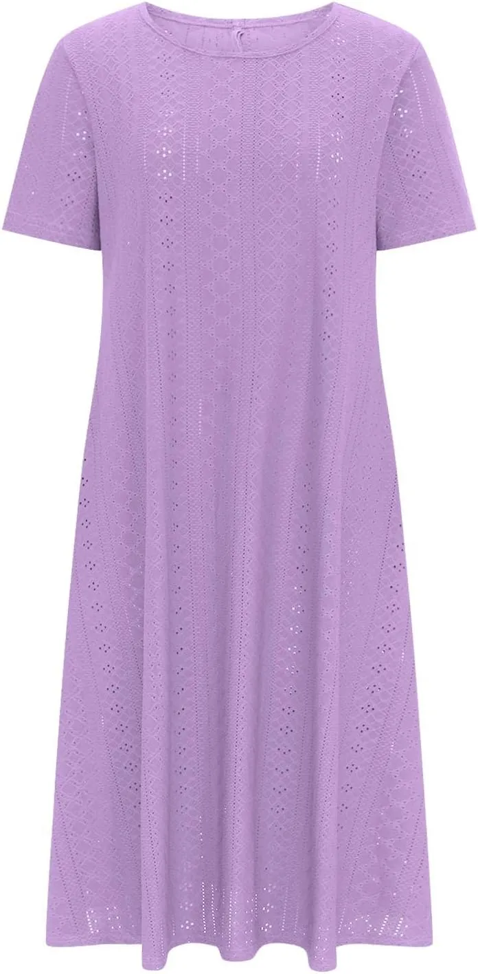 Womens Summer Dresses Casual Eyelet Short Sleeve Midi Dress Flowy Crewneck Beach Vacation Sundress 2024