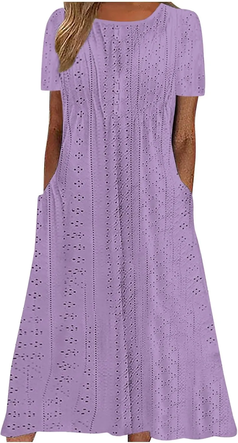 Womens Summer Dresses Casual Eyelet Short Sleeve Midi Dress Flowy Crewneck Beach Vacation Sundress 2024