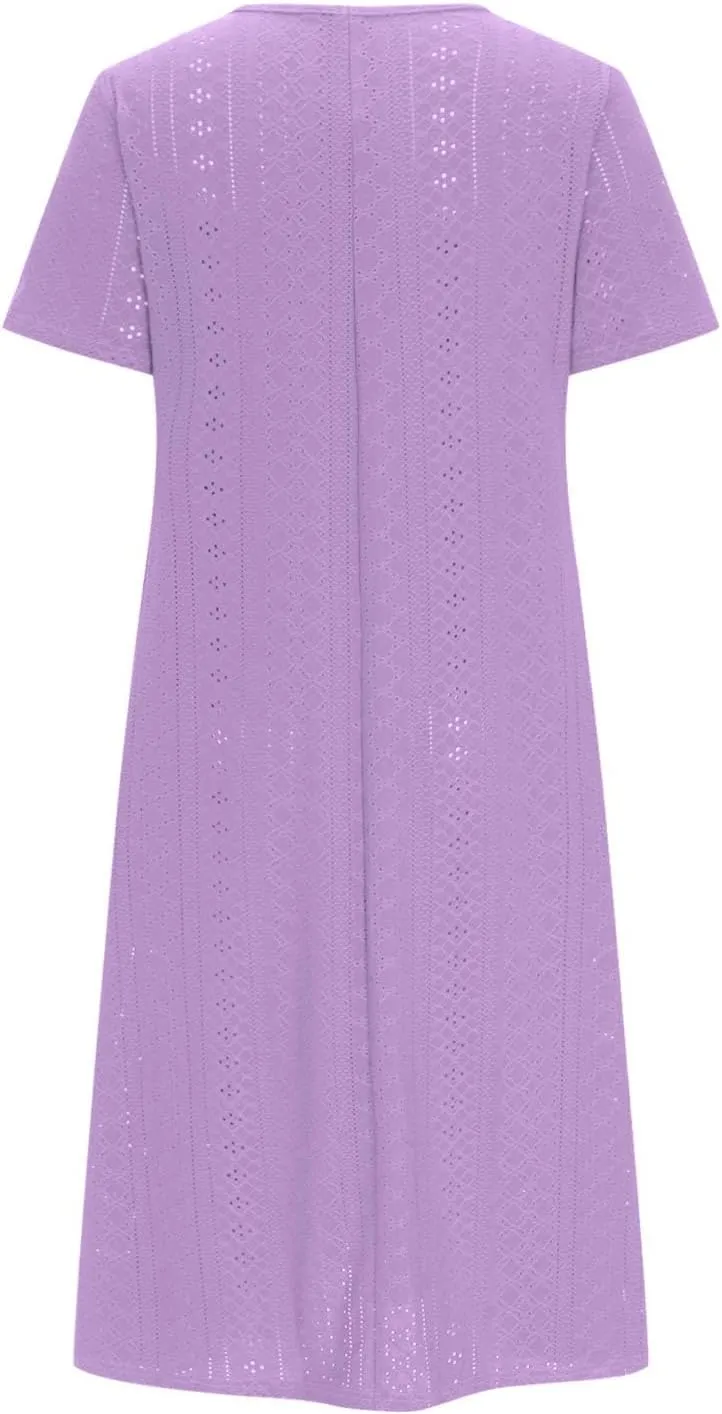 Womens Summer Dresses Casual Eyelet Short Sleeve Midi Dress Flowy Crewneck Beach Vacation Sundress 2024