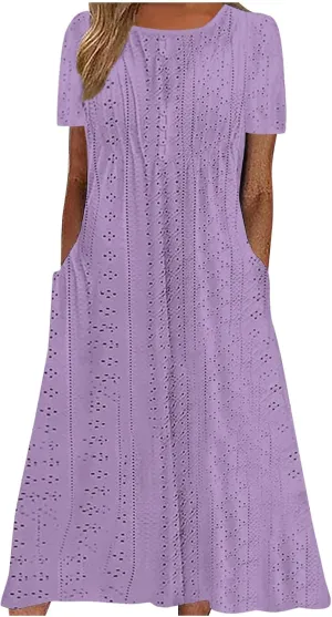 Womens Summer Dresses Casual Eyelet Short Sleeve Midi Dress Flowy Crewneck Beach Vacation Sundress 2024