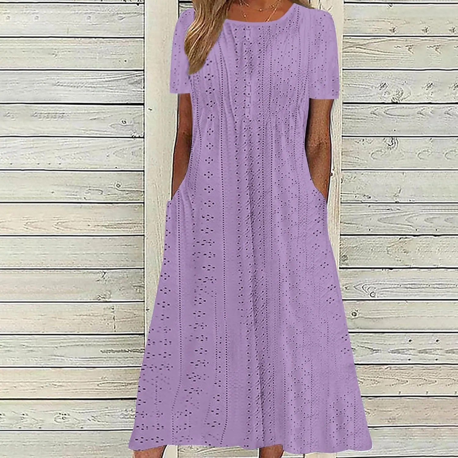 Womens Summer Dresses Casual Eyelet Short Sleeve Midi Dress Flowy Crewneck Beach Vacation Sundress 2024
