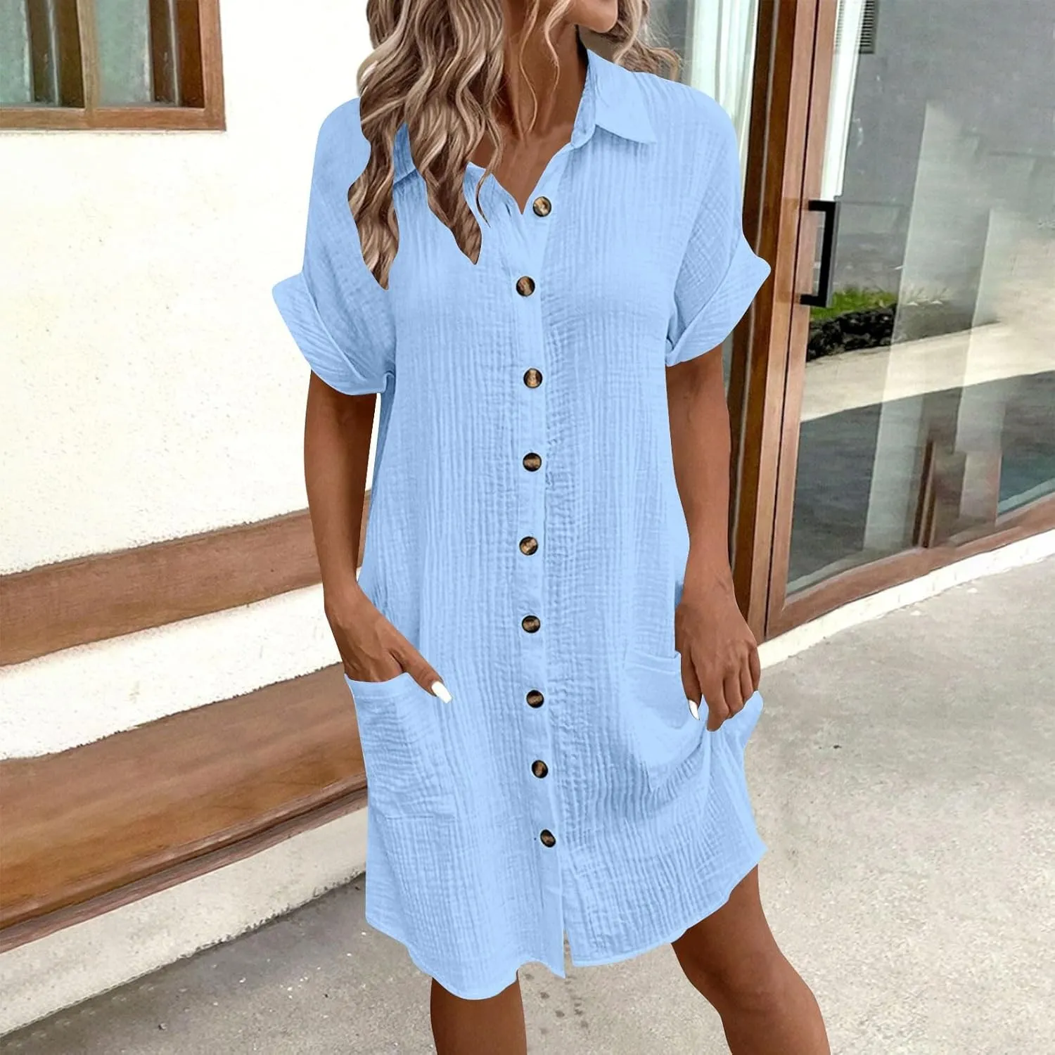 Womens Summer Dresses Casual Roll Up Short Sleeve Knee Length Cotton Linen Button Down Tunic Shirt Dress with Pockets