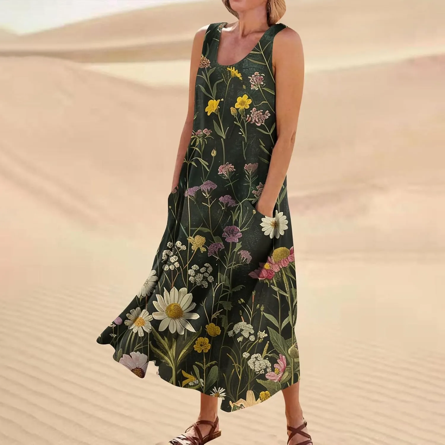 Womens Summer Dresses Sleeveless U Neck Tank Dress A-Line Floral Print Sundress Elegant Beach Dress with Pockets