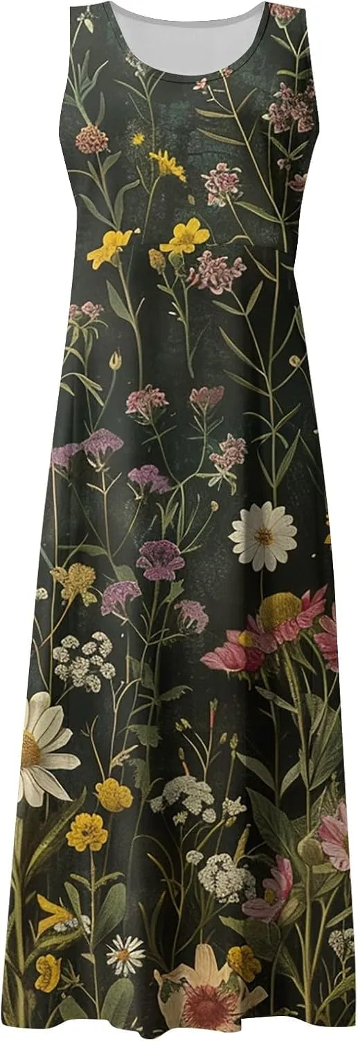 Womens Summer Dresses Sleeveless U Neck Tank Dress A-Line Floral Print Sundress Elegant Beach Dress with Pockets