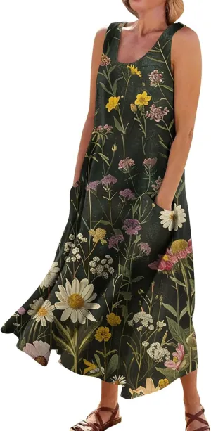 Womens Summer Dresses Sleeveless U Neck Tank Dress A-Line Floral Print Sundress Elegant Beach Dress with Pockets