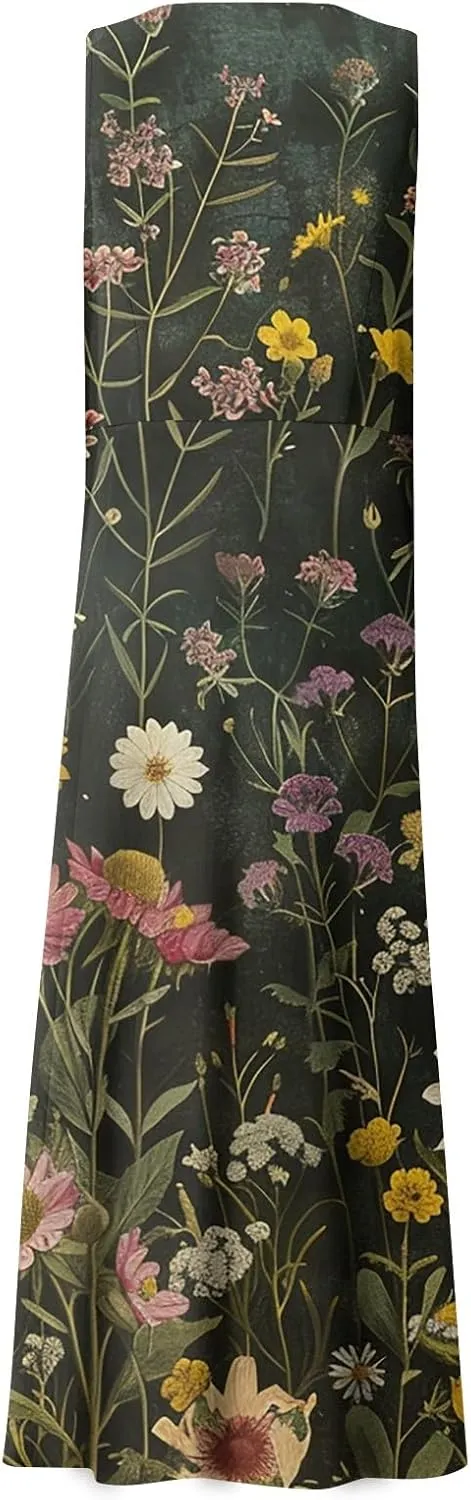 Womens Summer Dresses Sleeveless U Neck Tank Dress A-Line Floral Print Sundress Elegant Beach Dress with Pockets