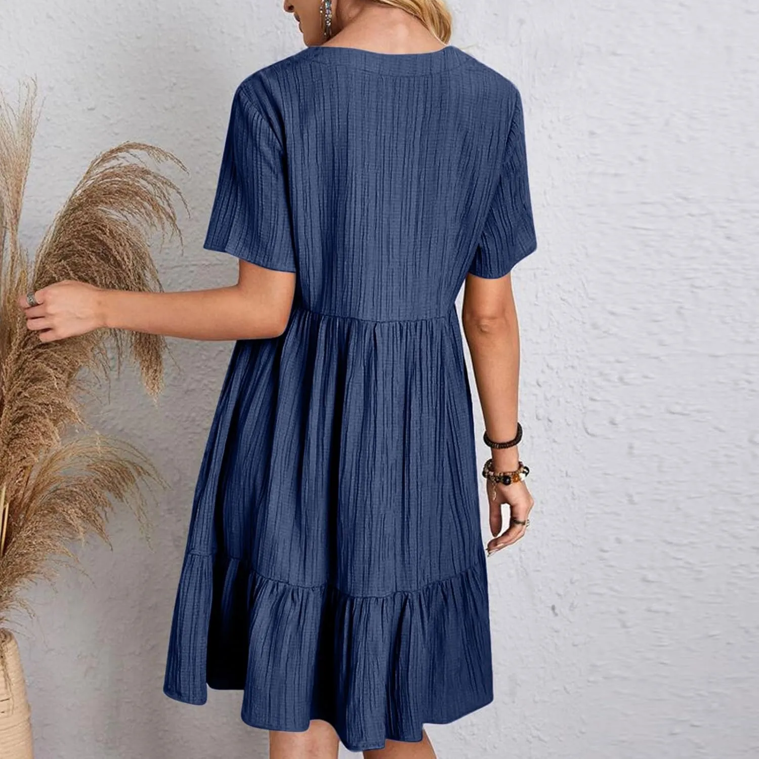 Womens Summer Dresses Trendy Short Sleeve V Neck A Line Ruffle Tiered Flowy Casual Mini Beach Dress Tshirt Sundress