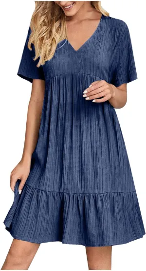 Womens Summer Dresses Trendy Short Sleeve V Neck A Line Ruffle Tiered Flowy Casual Mini Beach Dress Tshirt Sundress