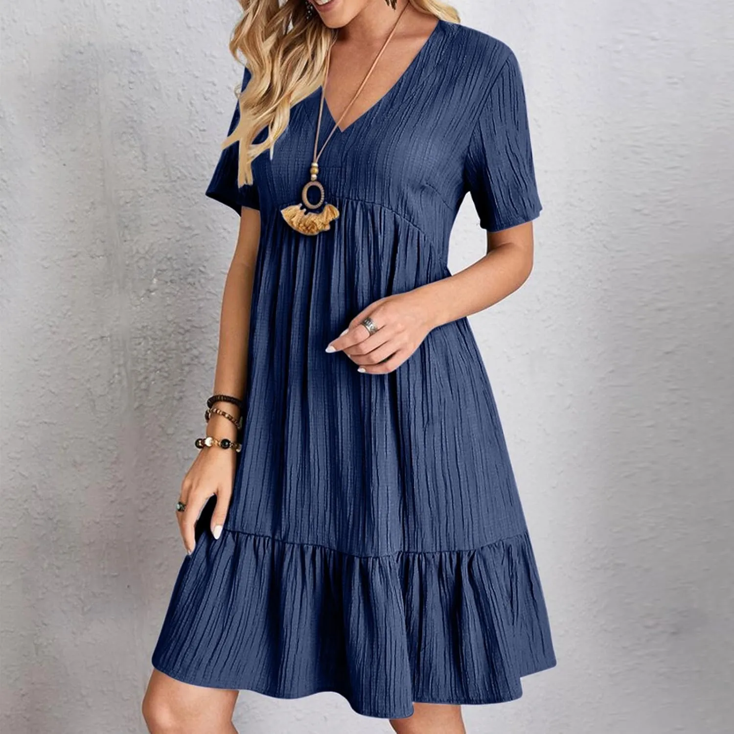 Womens Summer Dresses Trendy Short Sleeve V Neck A Line Ruffle Tiered Flowy Casual Mini Beach Dress Tshirt Sundress