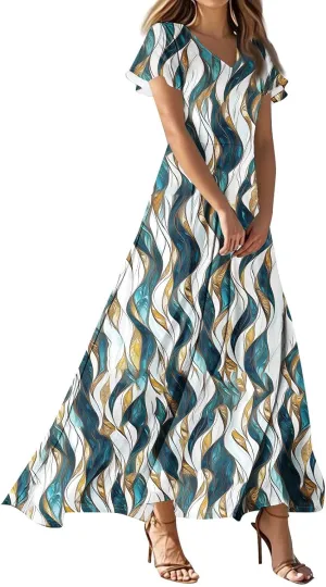 Women's Summer Floral Boho Dress Ruffle Sleeve V Neck Flowy Casual Loose Wedding Guest Long Maxi Ruffle Dresses