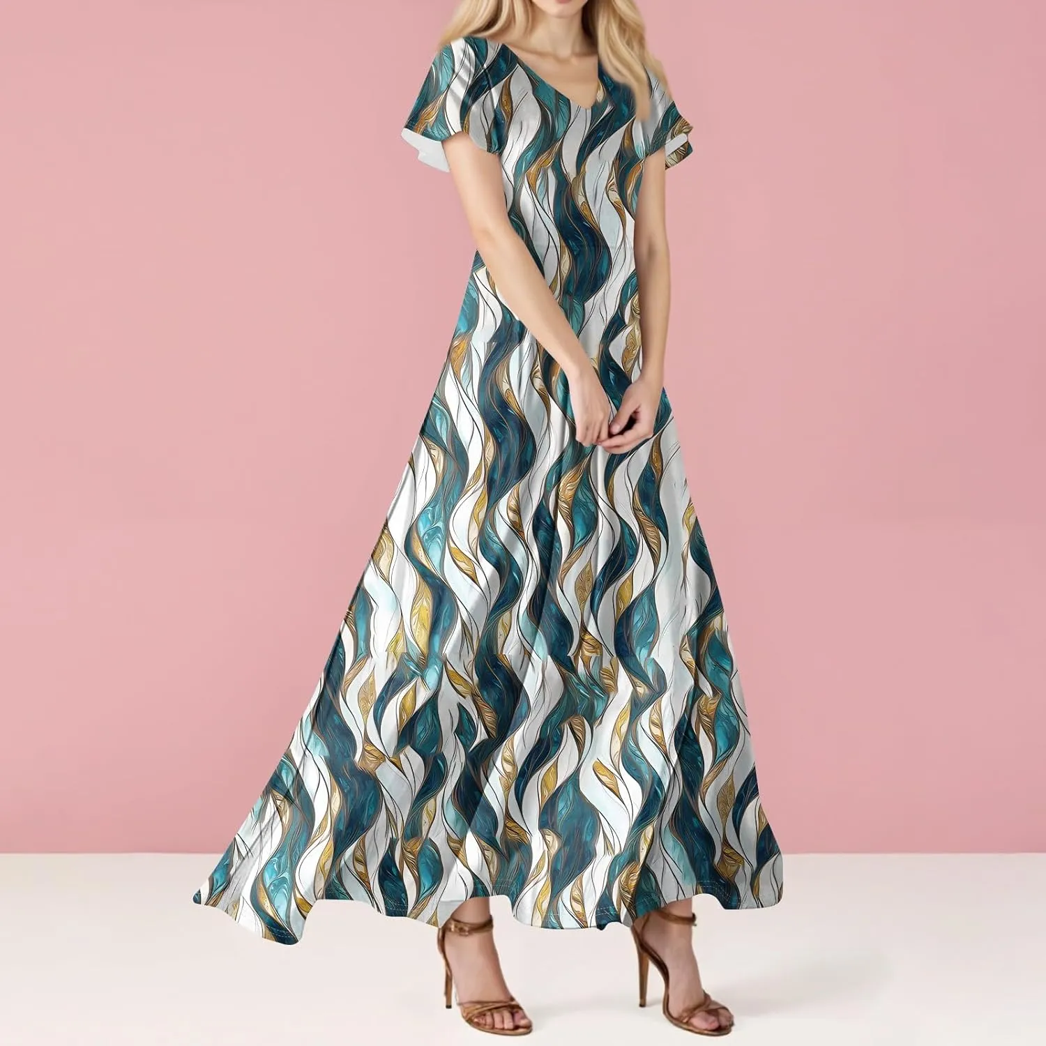 Women's Summer Floral Boho Dress Ruffle Sleeve V Neck Flowy Casual Loose Wedding Guest Long Maxi Ruffle Dresses