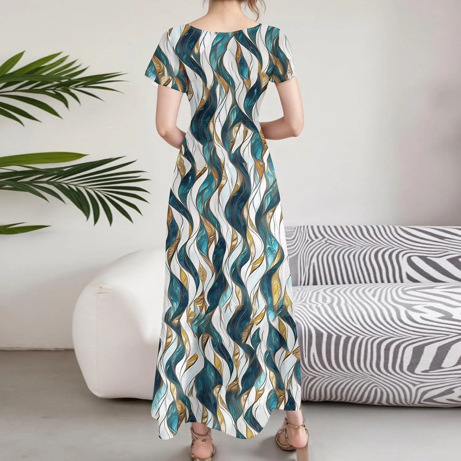 Women's Summer Floral Boho Dress Ruffle Sleeve V Neck Flowy Casual Loose Wedding Guest Long Maxi Ruffle Dresses