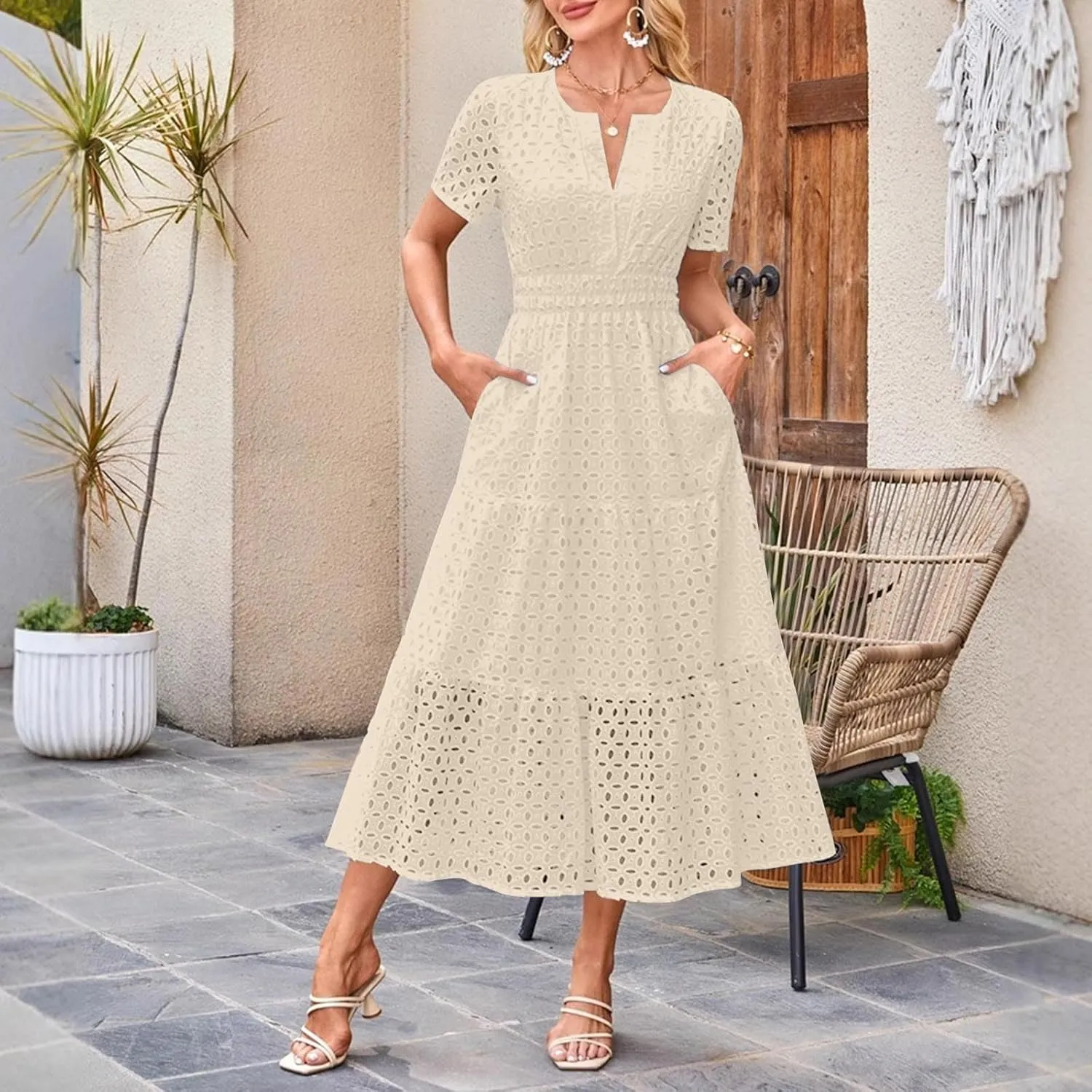 Womens Summer Midi Dresses Short Sleeve V Neck Hollow Out Eyelet Flowy Pleated Tiered A Line Swing Beach Vacation Dress